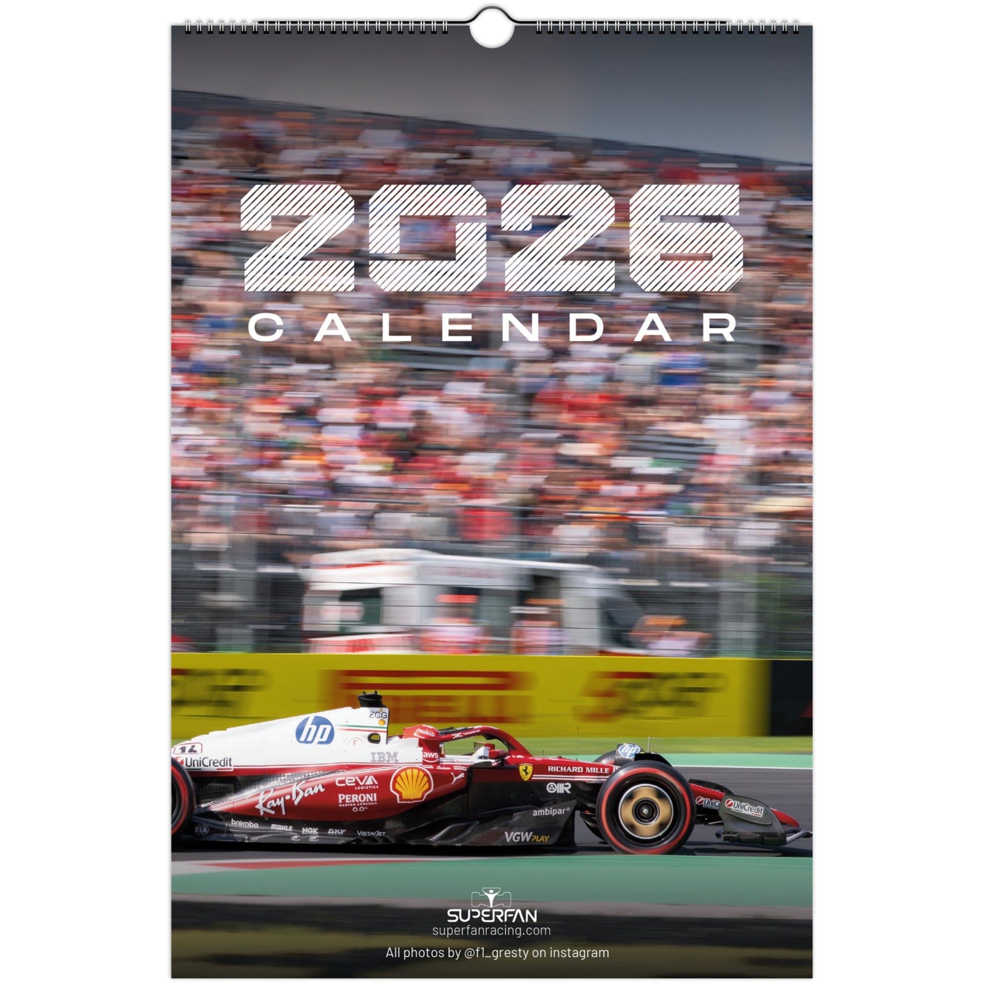 F1 2026 Wall Calendar featuring a Ferrari F1 car and the crowd