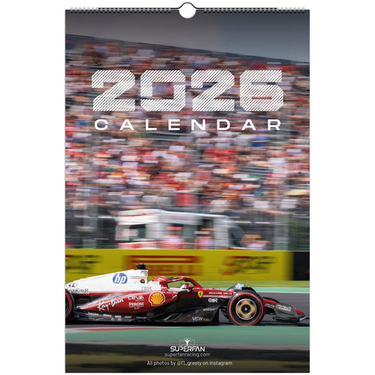 F1 2026 Wall Calendar featuring a Ferrari F1 car and the crowd