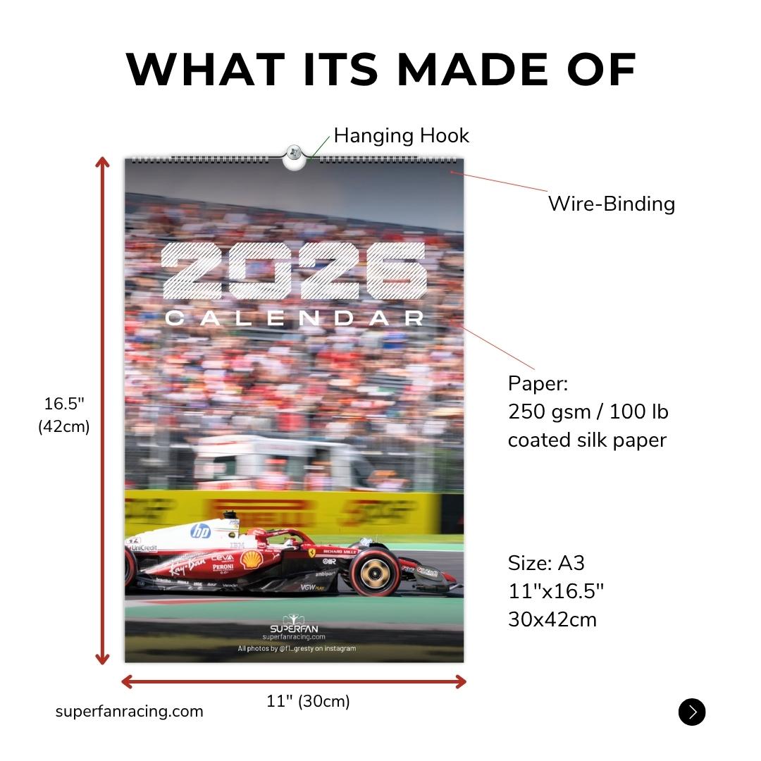 2026 calendar with specifications on a white background